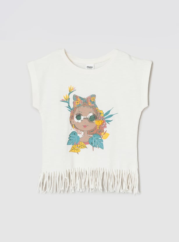 Girls Fringe Hem Graphic Printed T-shirt