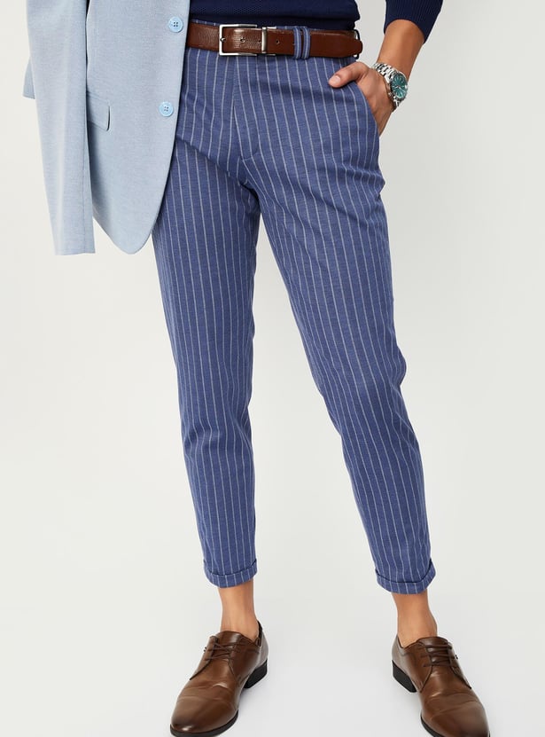 Men Carrot Fit Striped Formal Trousers