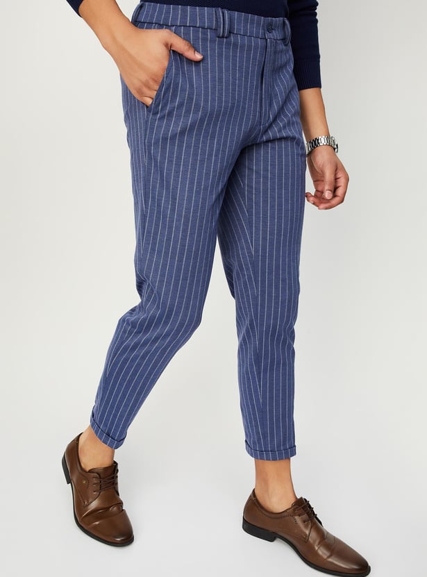 Men Carrot Fit Striped Formal Trousers