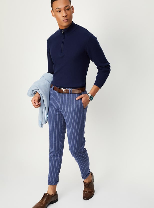 Men Carrot Fit Striped Formal Trousers