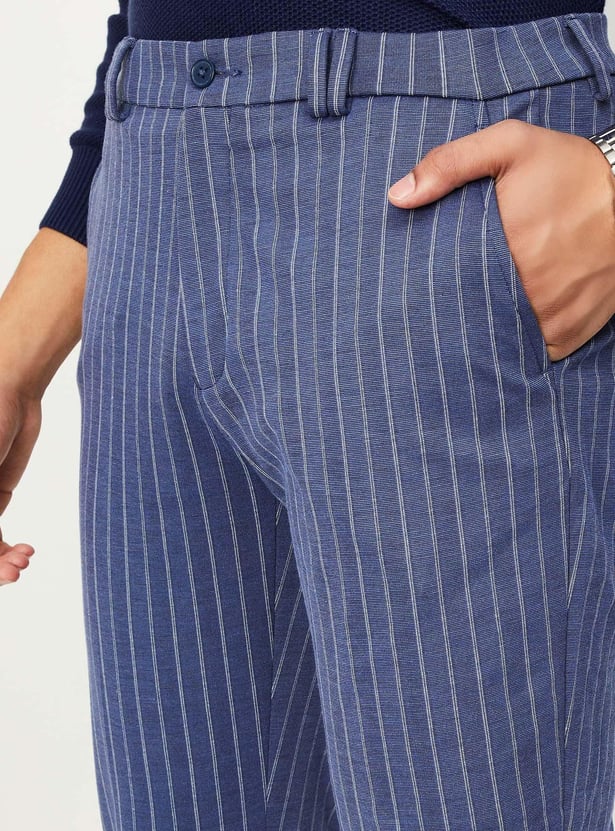 Men Carrot Fit Striped Formal Trousers