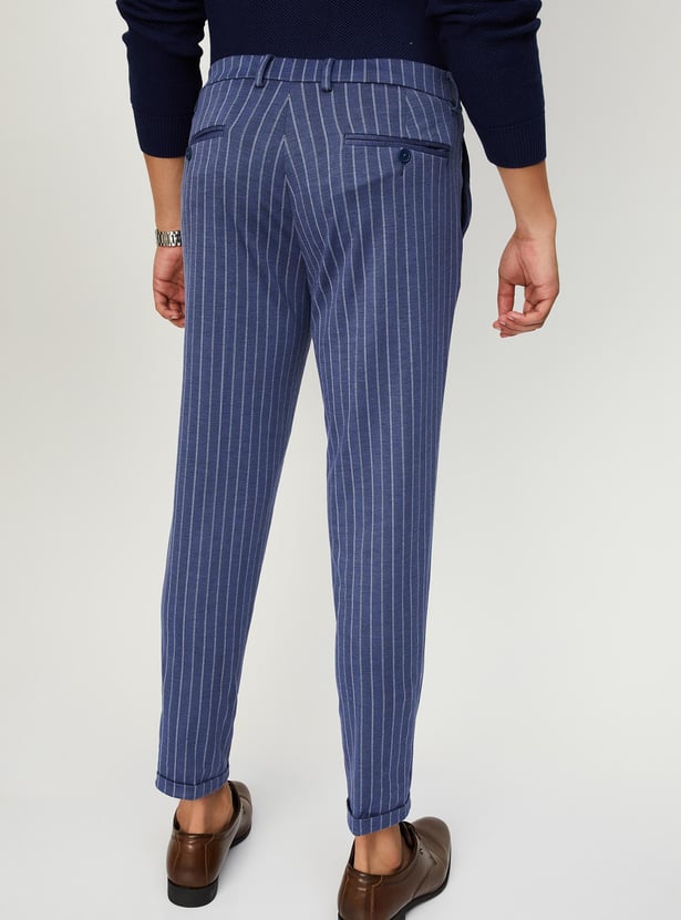 Men Carrot Fit Striped Formal Trousers