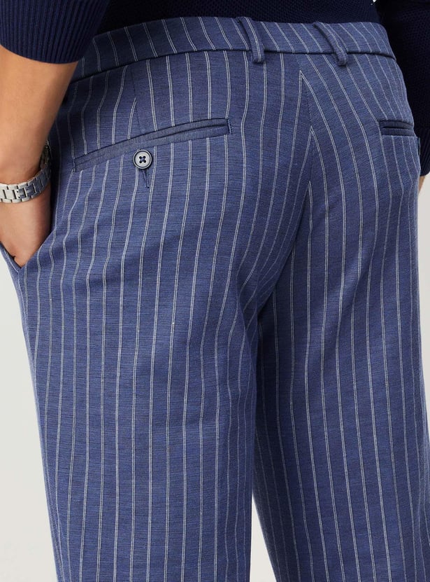 Men Carrot Fit Striped Formal Trousers