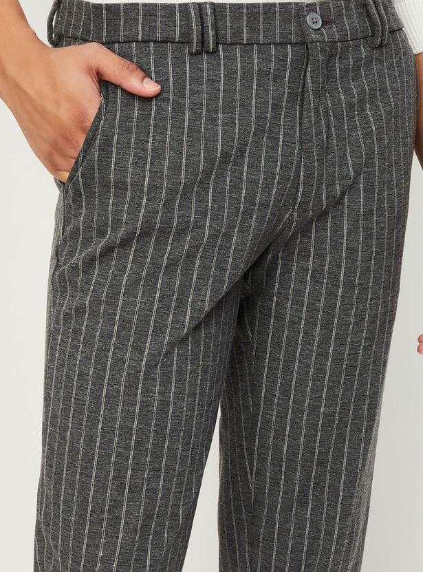 Men Carrot Fit Striped Formal Trousers