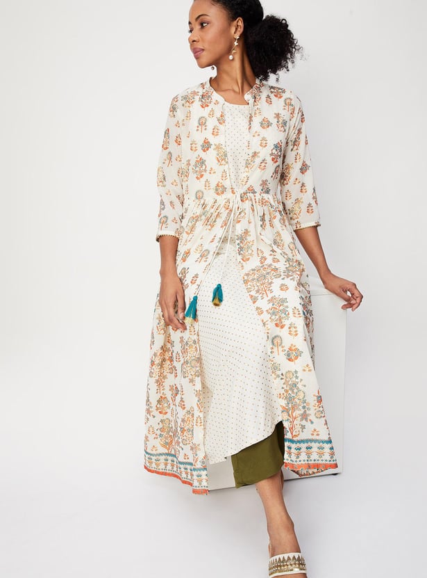 Women Printed Kurta with Longline Shrug