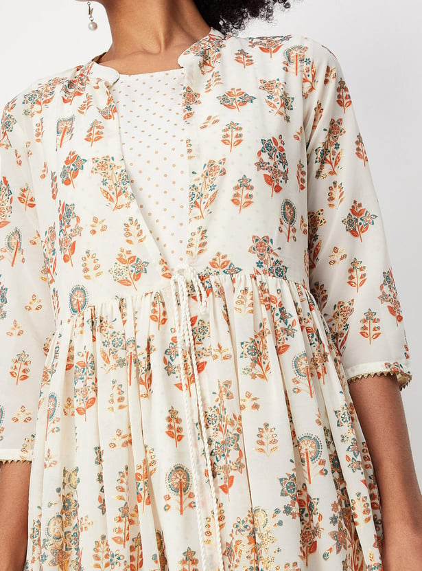 Women Printed Kurta with Longline Shrug