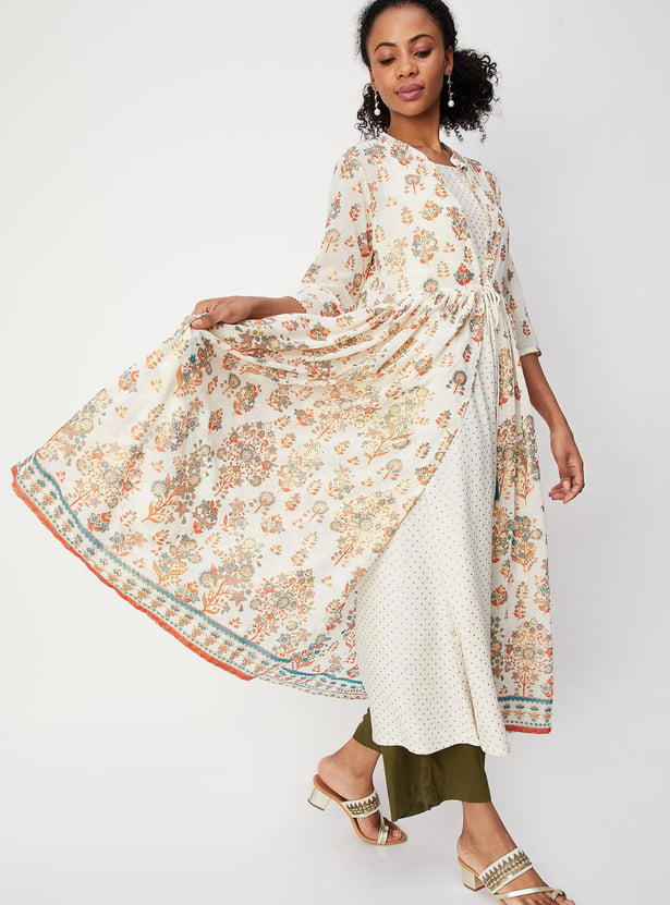 Women Printed Kurta with Longline Shrug