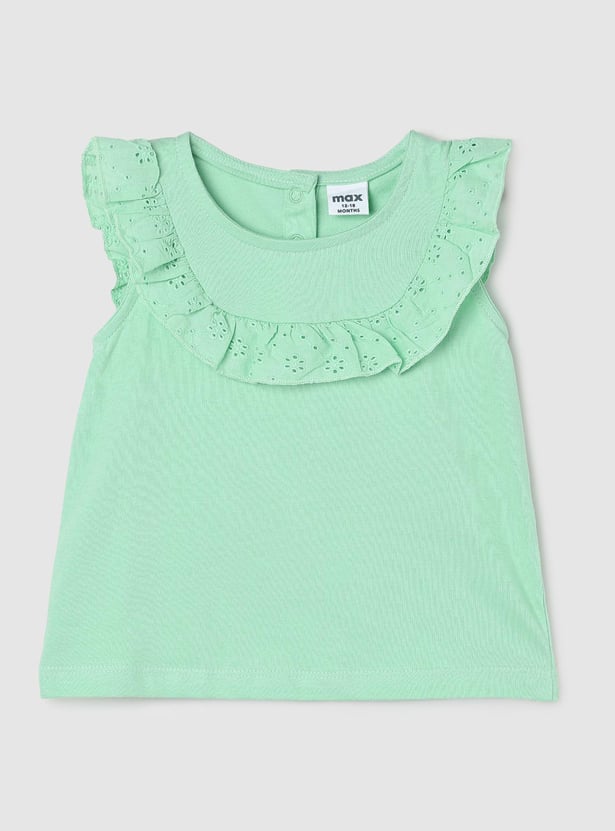Girls Solid Top With Schiffli Ruffle Detail