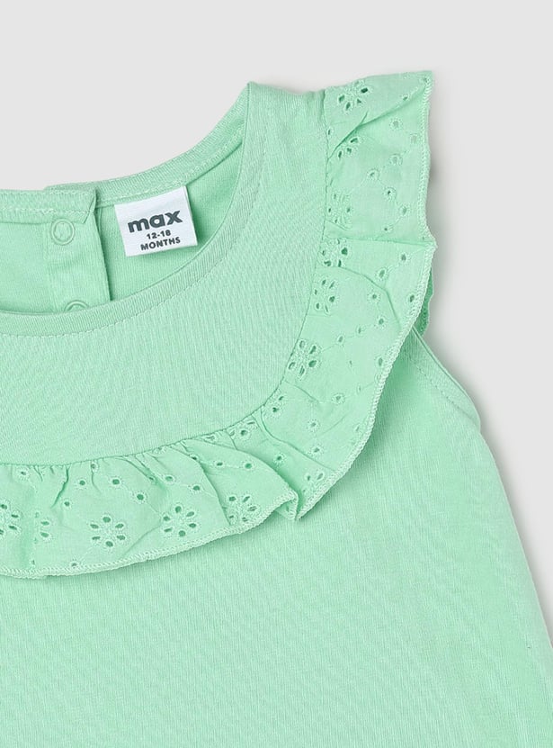 Girls Solid Top With Schiffli Ruffle Detail
