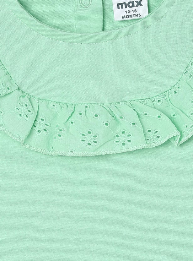 Girls Solid Top With Schiffli Ruffle Detail