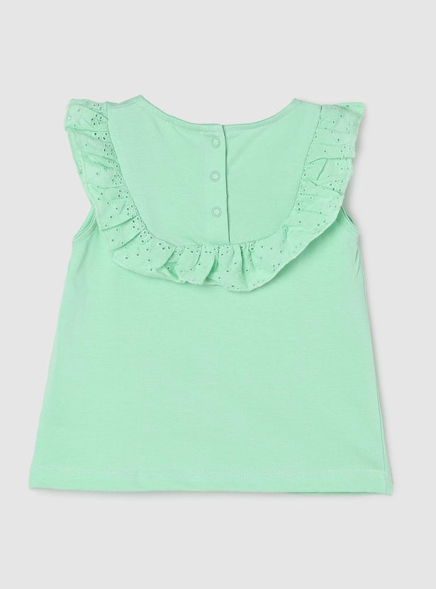 Girls Solid Top With Schiffli Ruffle Detail