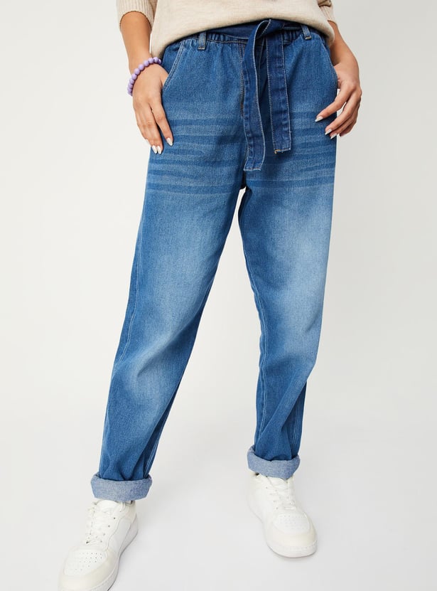 Girls Washed Belted Slim Fit Jeans