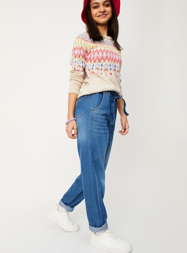 Girls Washed Belted Slim Fit Jeans