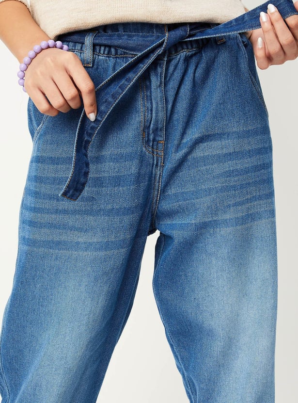 Girls Washed Belted Slim Fit Jeans
