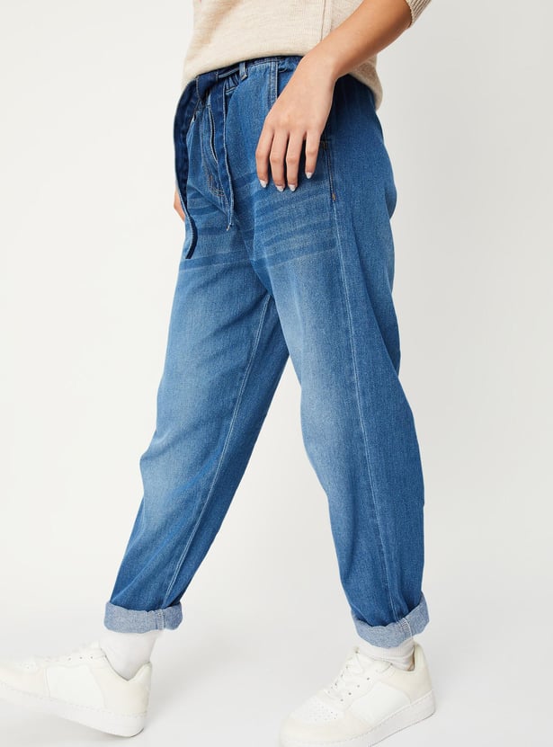 Girls Washed Belted Slim Fit Jeans