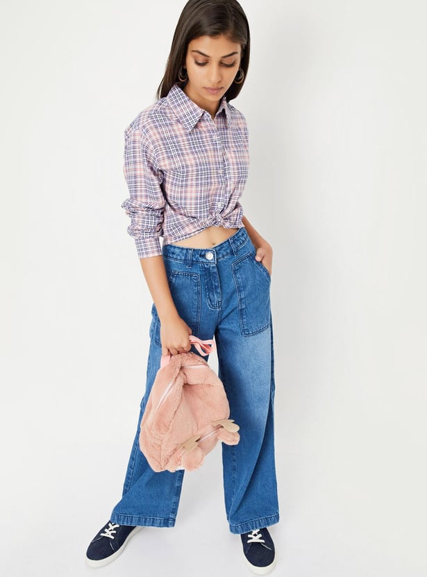 Girls Checked Cropped Shirt