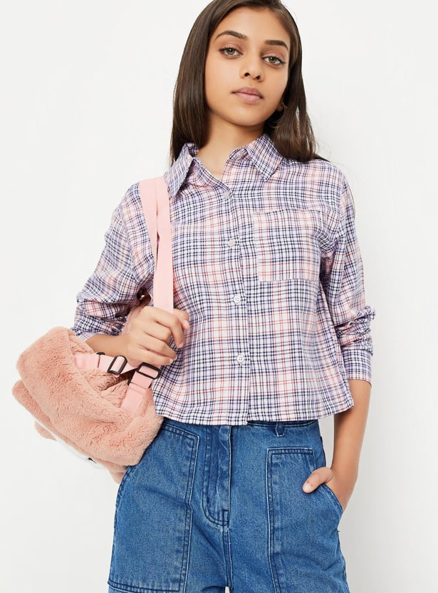 Girls Checked Cropped Shirt