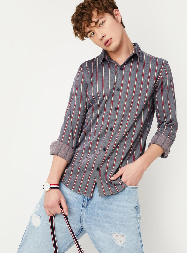 Men Slim Fit Striped Knit Shirt