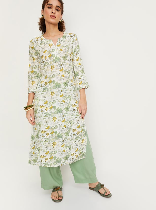 Women Grey & White Printed Kurta With Palazzos
