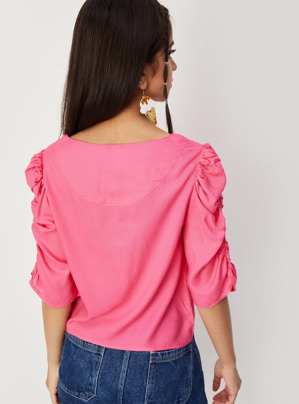 Girls Ruched Sleeves V-Neck Top