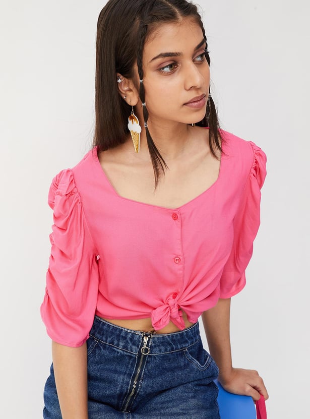 Girls Ruched Sleeves V-Neck Top