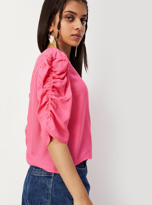 Girls Ruched Sleeves V-Neck Top