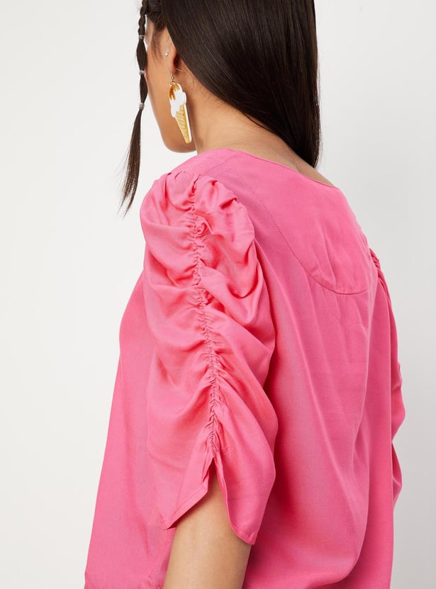 Girls Ruched Sleeves V-Neck Top