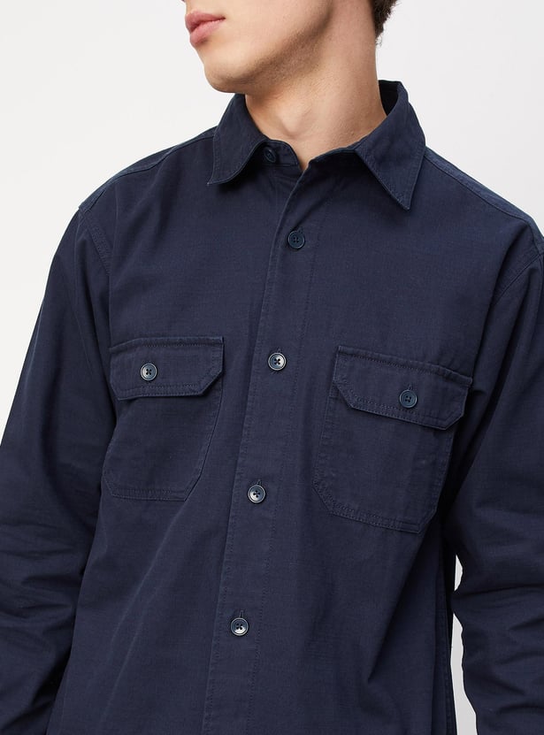 Men Solid Flap Pocket Over Shirt