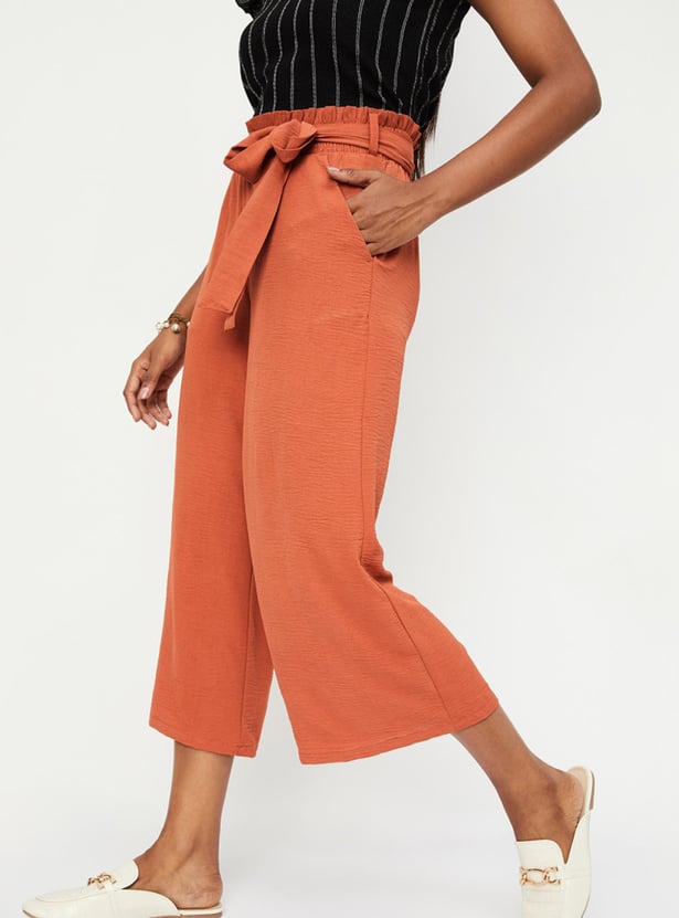 Women Textured Tie-Up Waist Culottes
