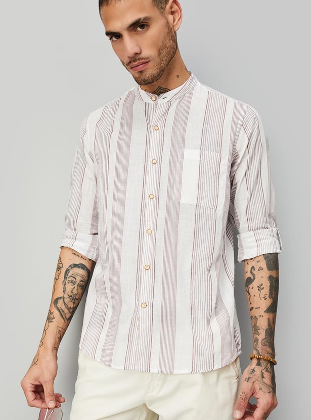 Men Striped  Band Collar Short Kurta