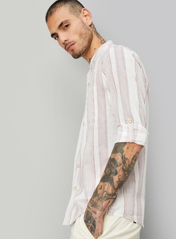 Men Striped  Band Collar Short Kurta