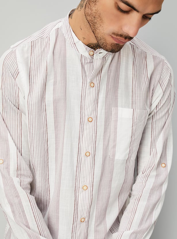 Men Striped  Band Collar Short Kurta