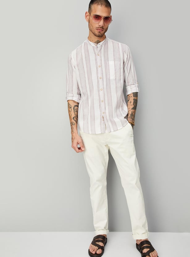 Men Striped  Band Collar Short Kurta