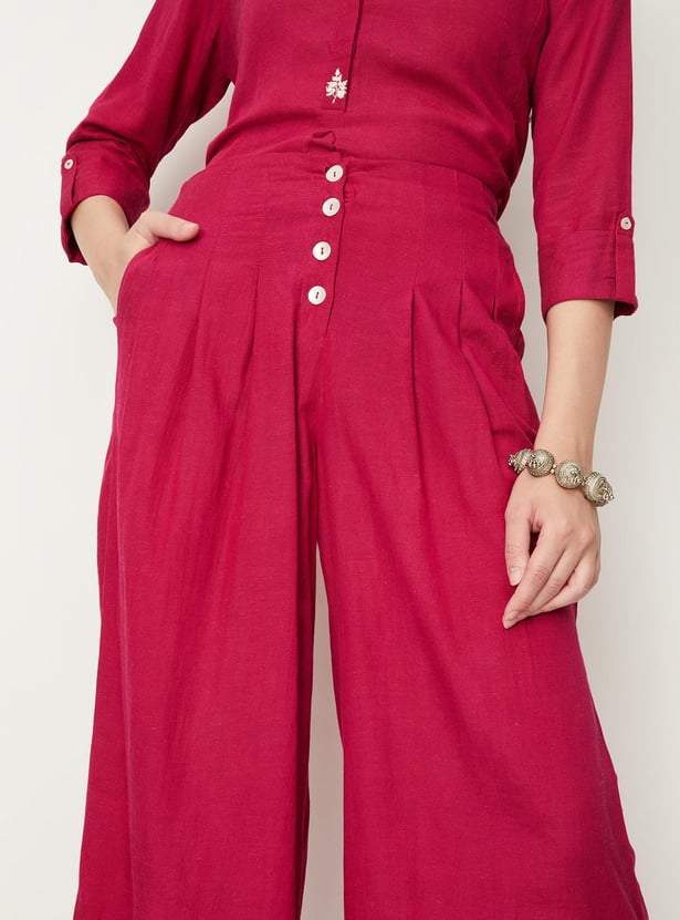 Women Pleated Button-Down Trousers