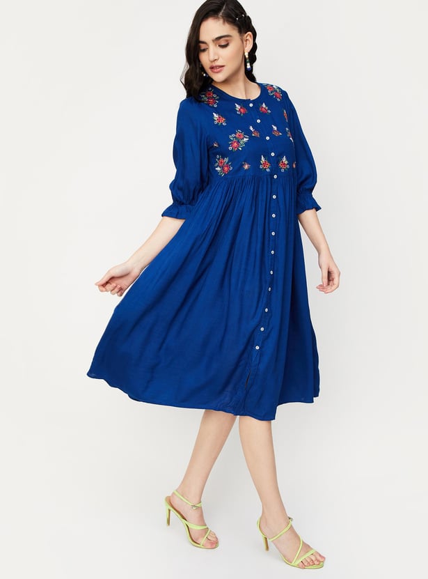Girls Blue Embroidered Fit and Flare Dress