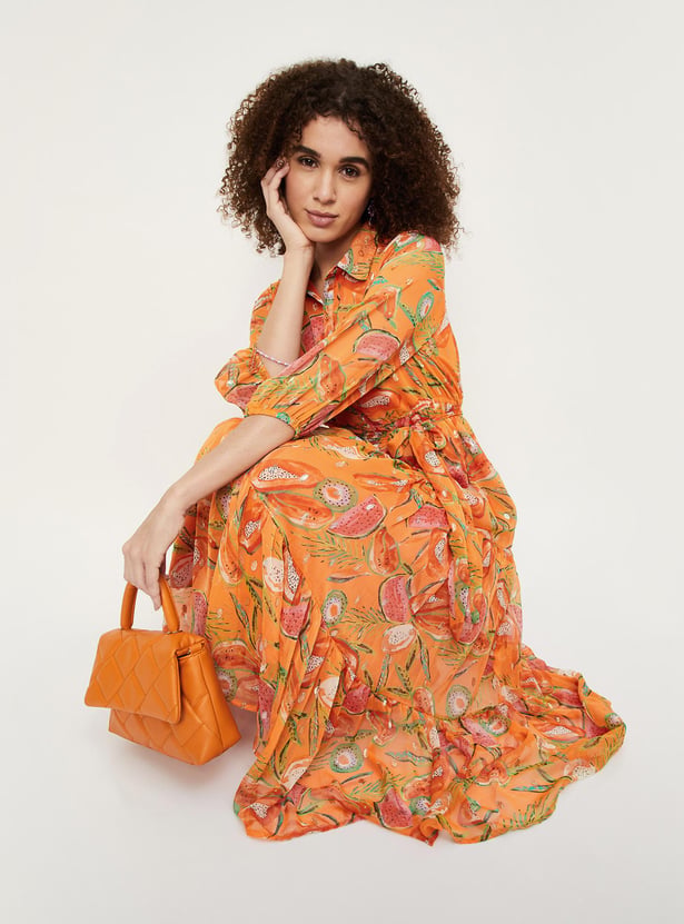 Orange Batik Printed Tiered Flared Dress