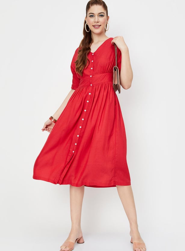 Buy Women Solid V-Neck Fit and Flare Dress Online at just Rs. 999.0 -  1000012640357 | Max Fashion