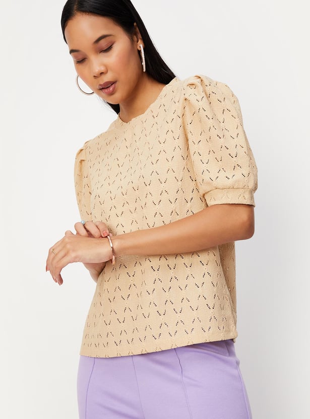 Women Schiffli Knit Puffed Sleeve Top