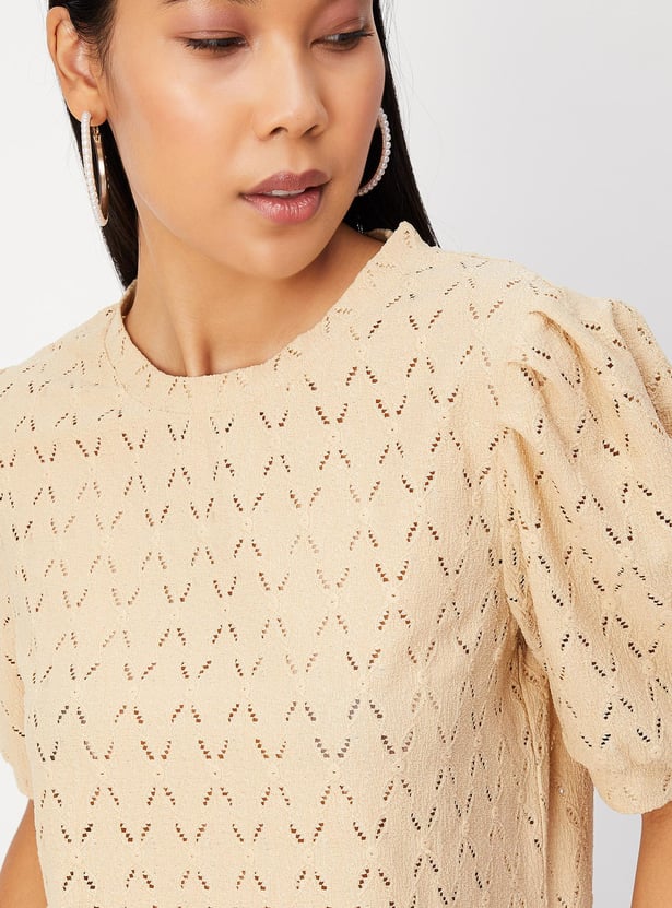Women Schiffli Knit Puffed Sleeve Top