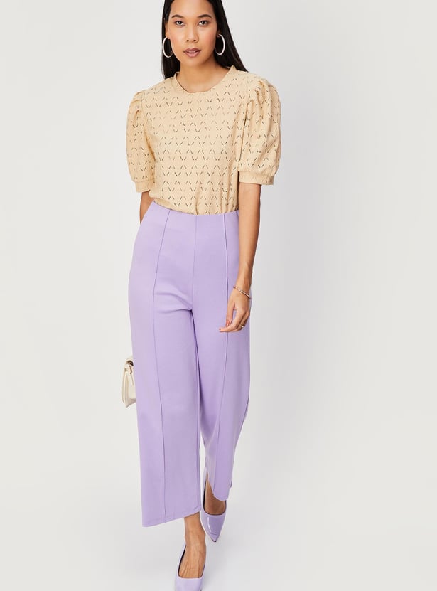 Women Schiffli Knit Puffed Sleeve Top