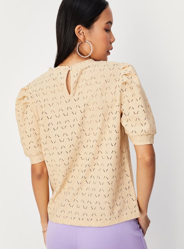 Women Schiffli Knit Puffed Sleeve Top