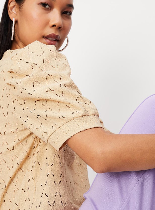 Women Schiffli Knit Puffed Sleeve Top
