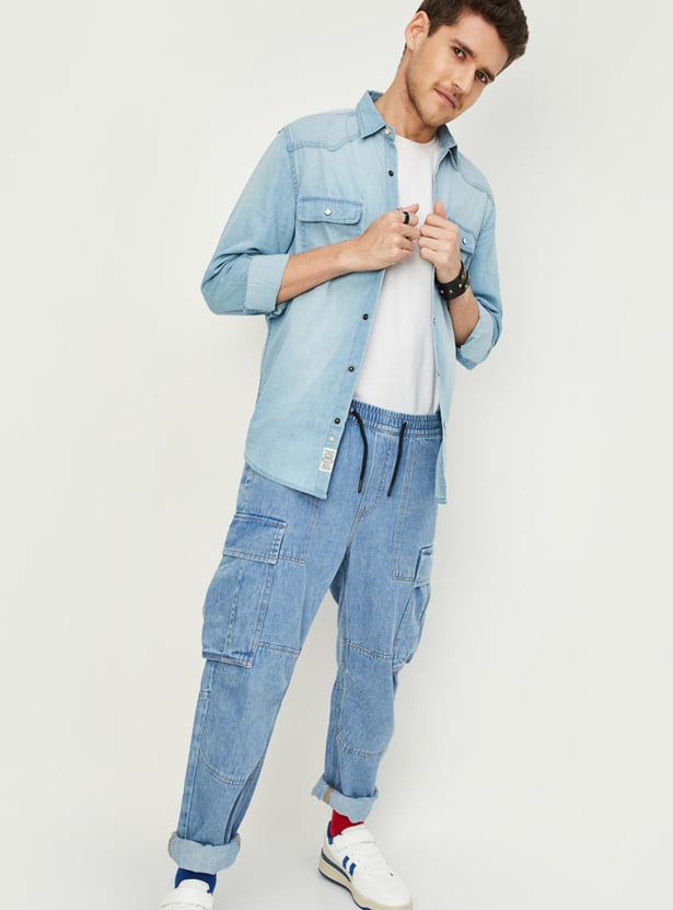 Men Light Washed Slim Fit Denim Shirt