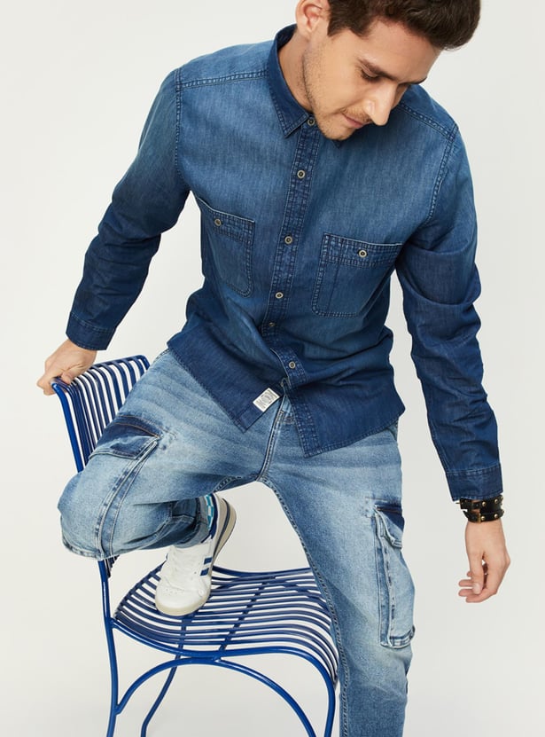 Men Washed Slim Fit Denim Shirt