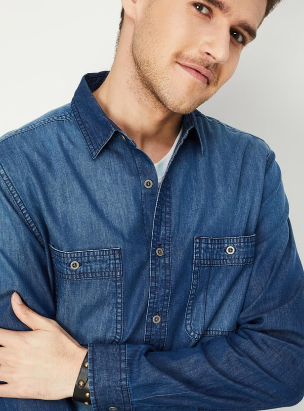 Men Washed Slim Fit Denim Shirt