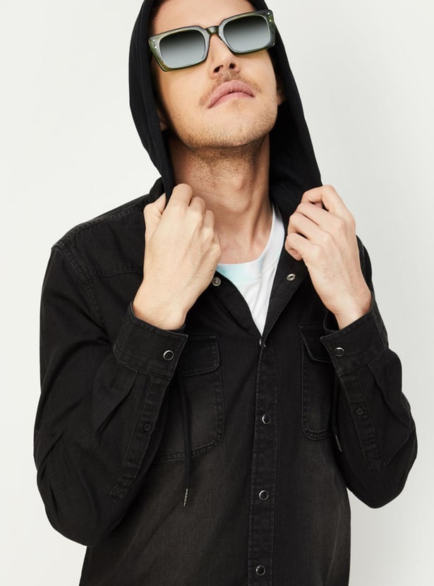 Men Washed Hooded Denim Shirt