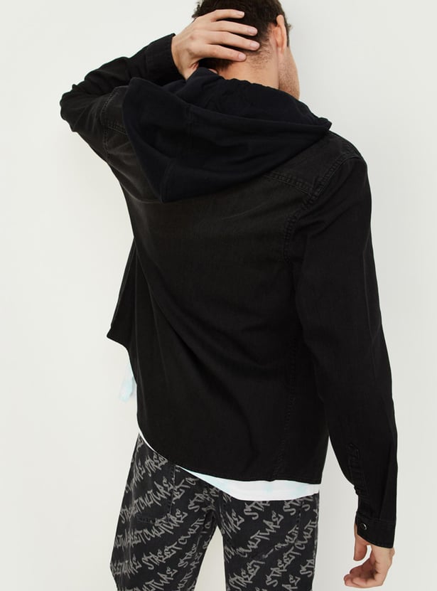 Men Washed Hooded Denim Shirt