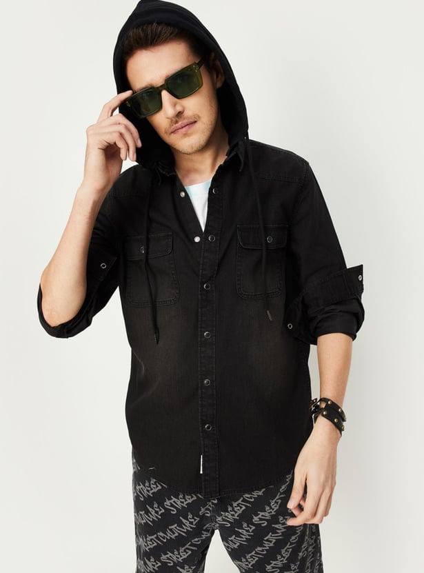 Men Washed Hooded Denim Shirt