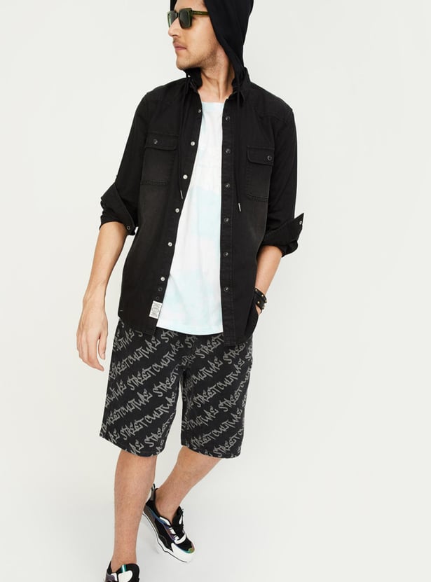 Men Washed Hooded Denim Shirt