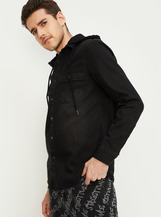 Men Washed Hooded Denim Shirt